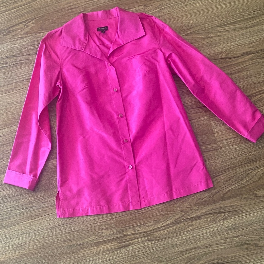 NWOT TALBOTS Pink Button Up Front Collared 100% raw Silk Top Shirt Size 4 preppy